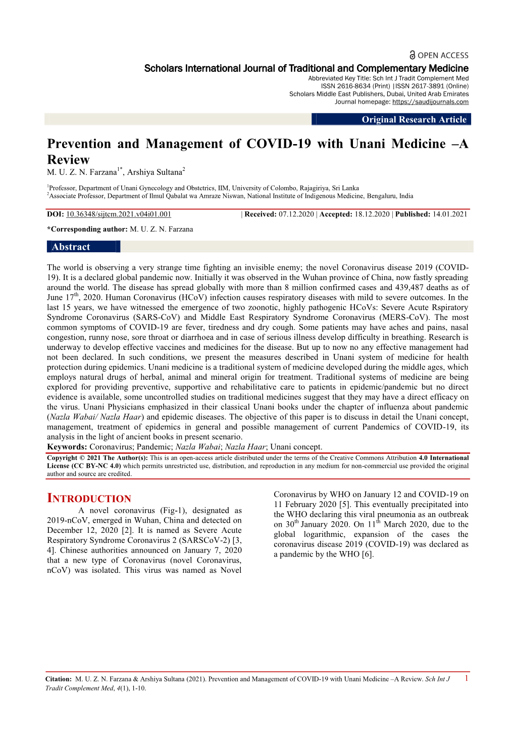 Prevention and Management of COVID-19 with Unani Medicine –A Review M