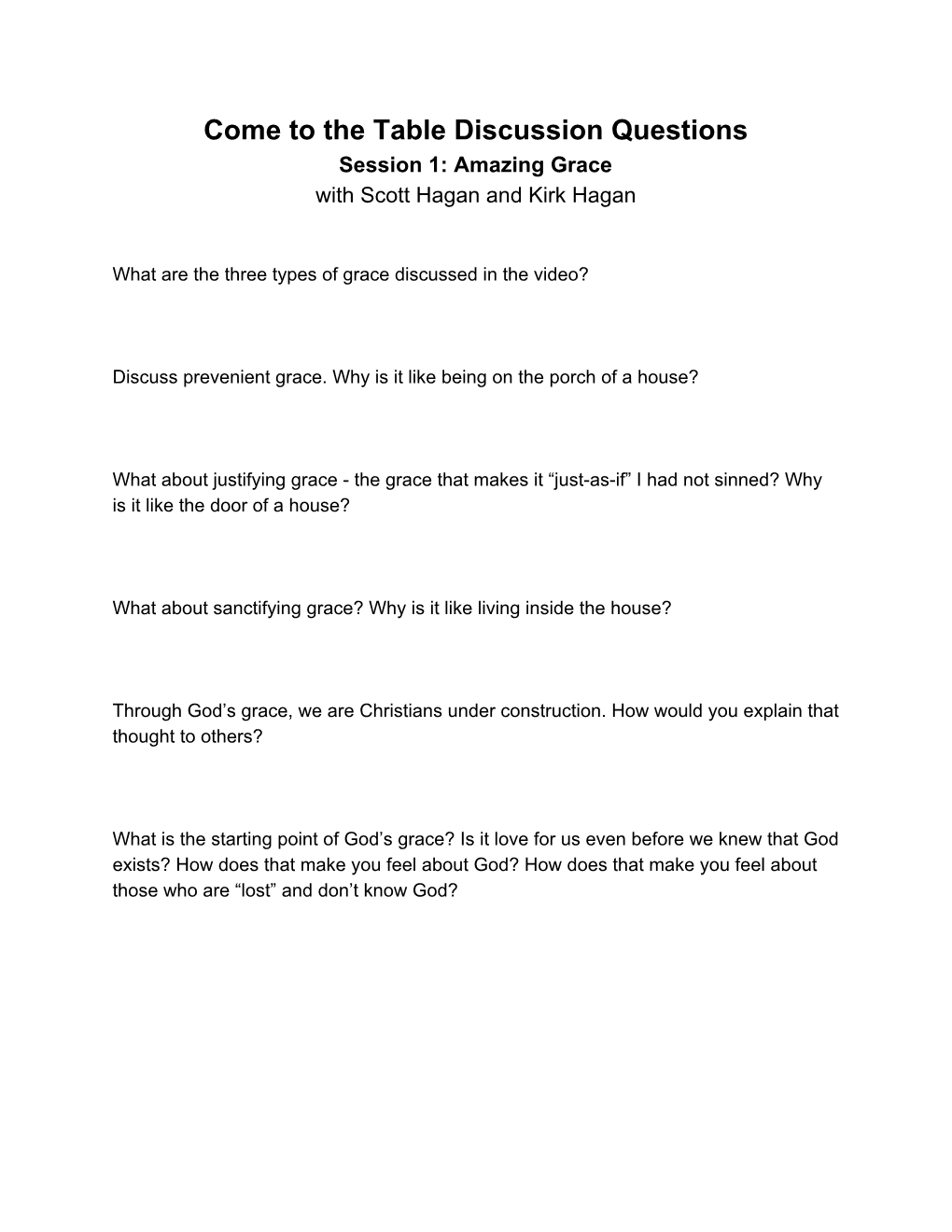 Come to the Table Discussion Questions Session 1: Amazing Grace with Scott Hagan and Kirk Hagan