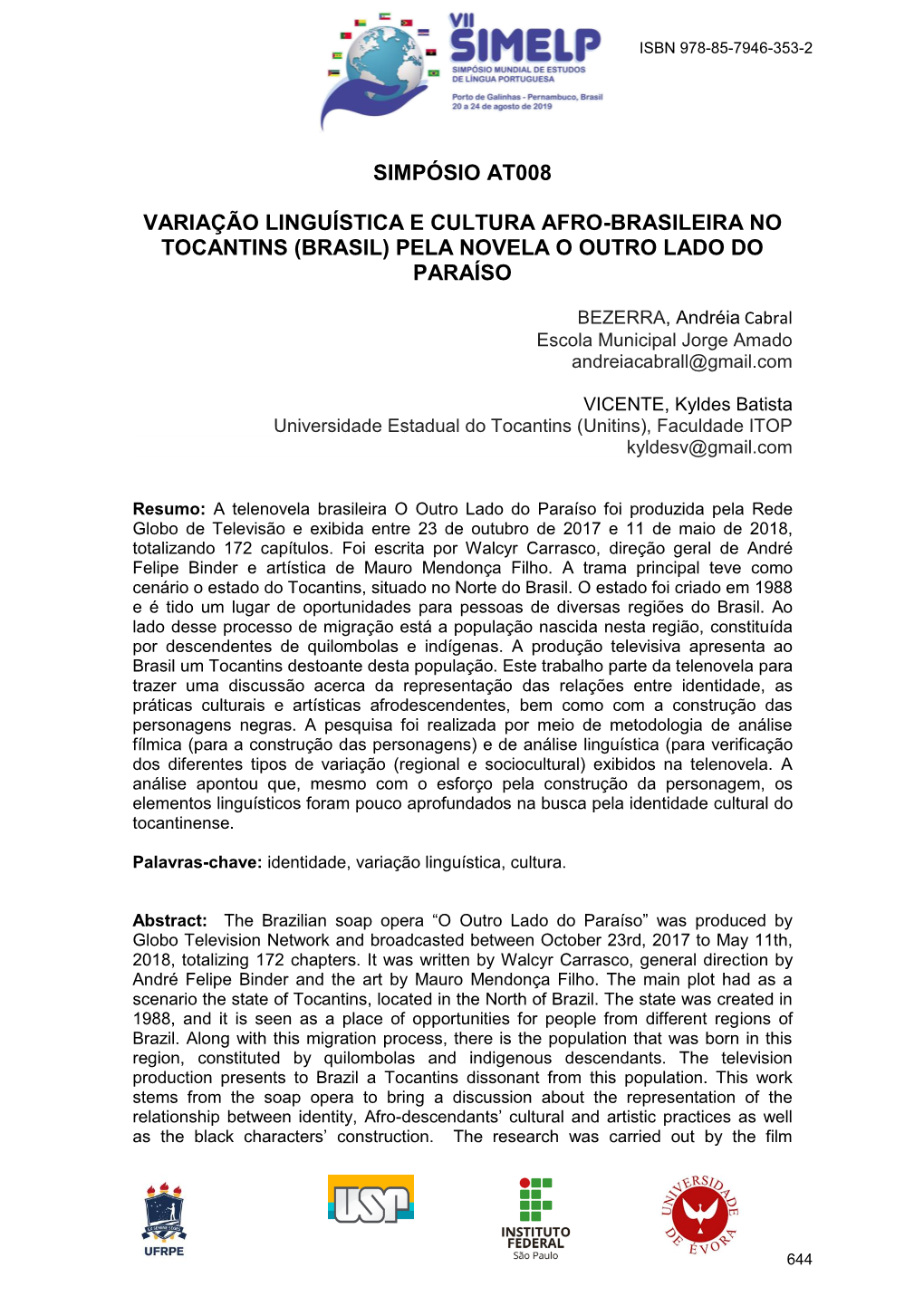 Simpósio At008 Variação Linguística E Cultura Afro-Brasileira No Tocantins (Brasil) Pela Novela O Outro Lado Do Paraíso