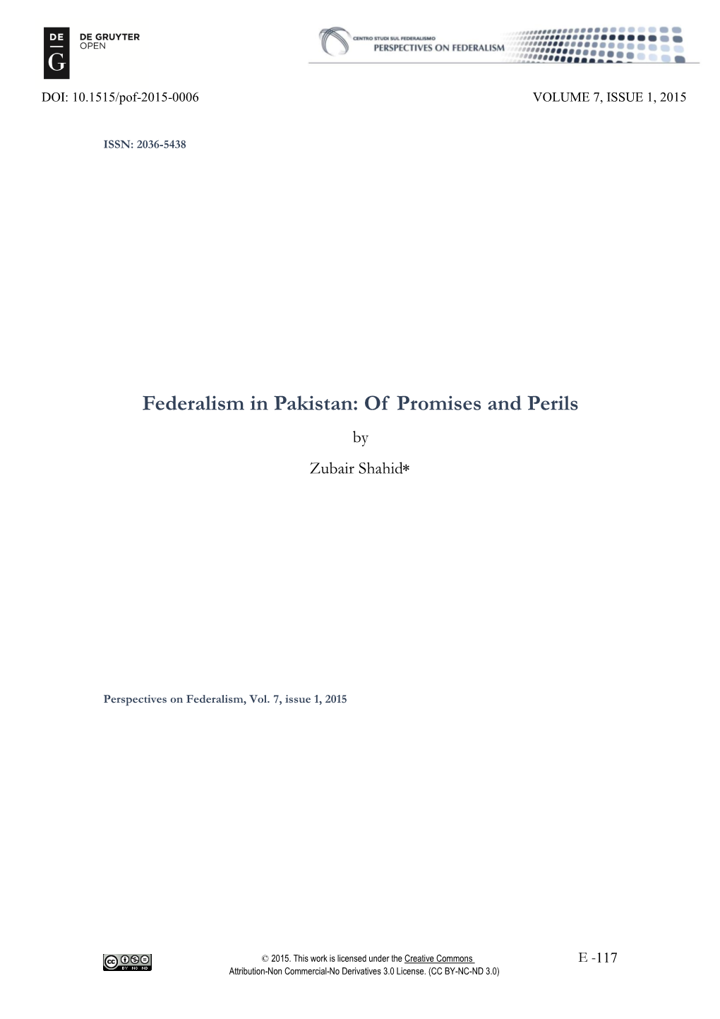 Federalism in Pakistan: of Promises and Perils by Zubair Shahid