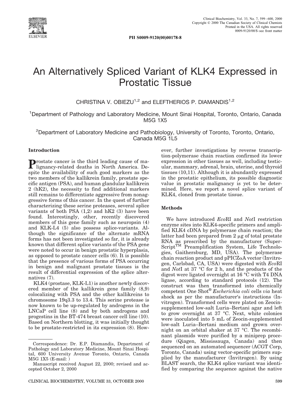 An Alternatively Spliced Variant of KLK4 Expressed in Prostatic Tissue