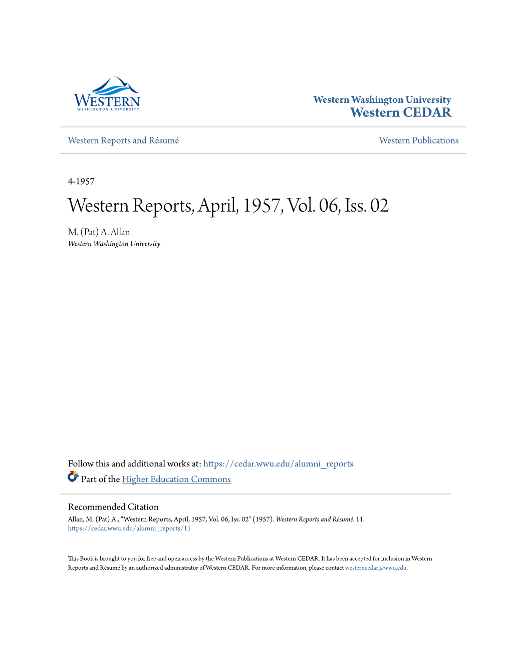 Western Reports, April, 1957, Vol. 06, Iss. 02 M