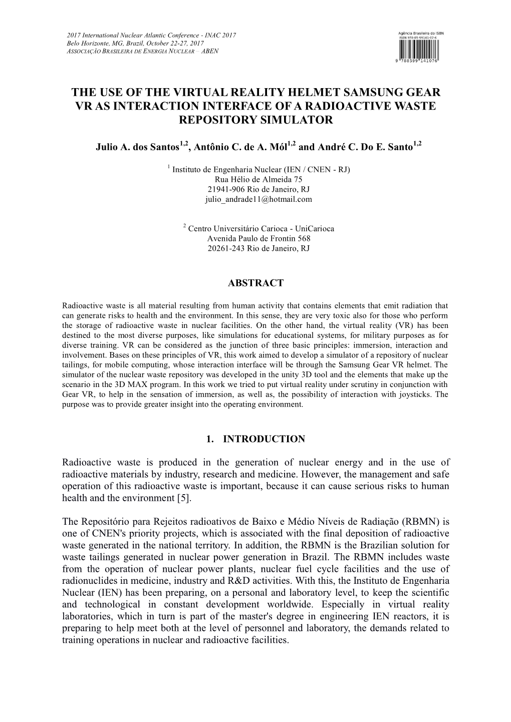 The Use of the Virtual Reality Helmet Samsung Gear Vr As Interaction Interface of a Radioactive Waste Repository Simulator