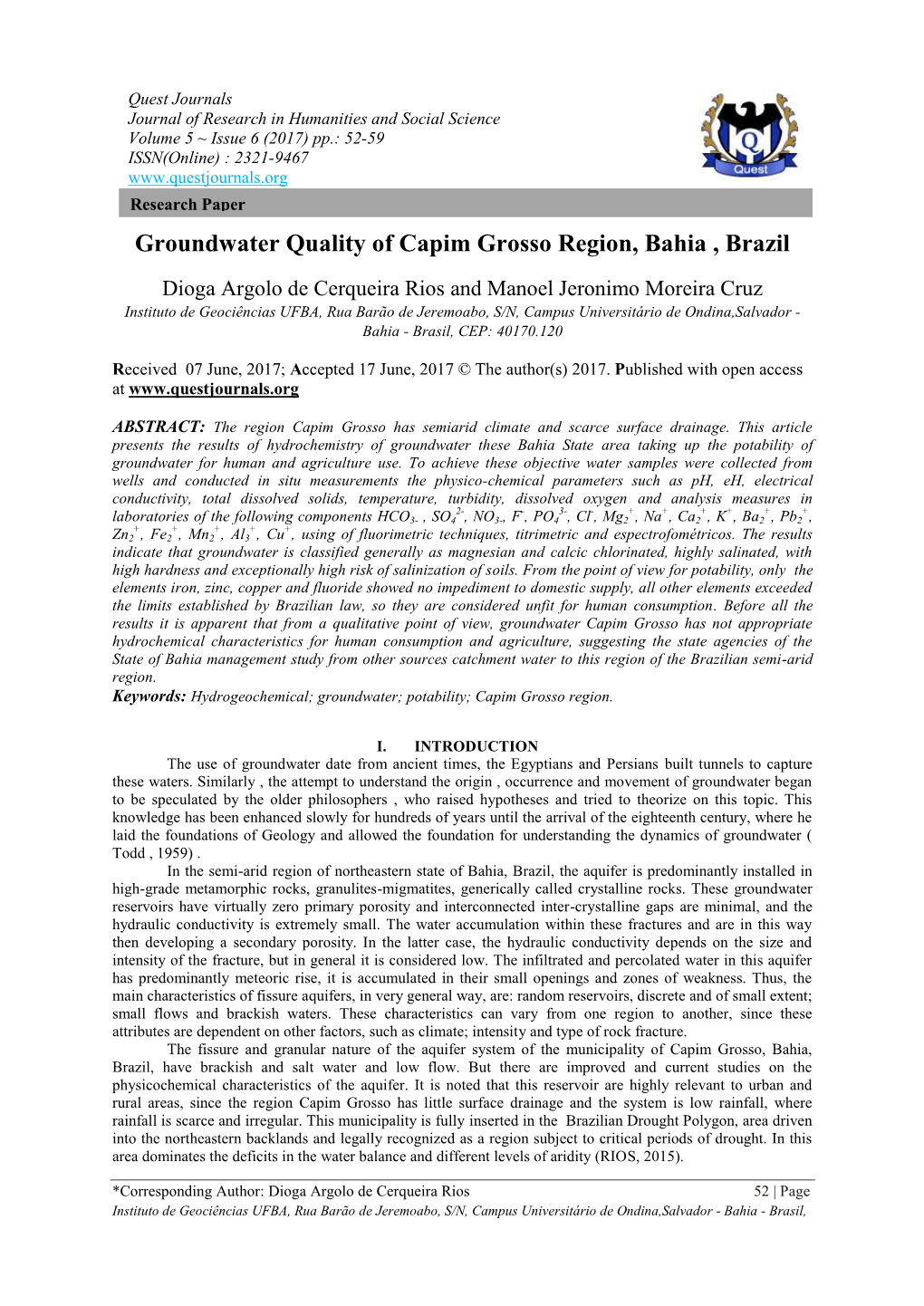 Groundwater Quality of Capim Grosso Region, Bahia , Brazil