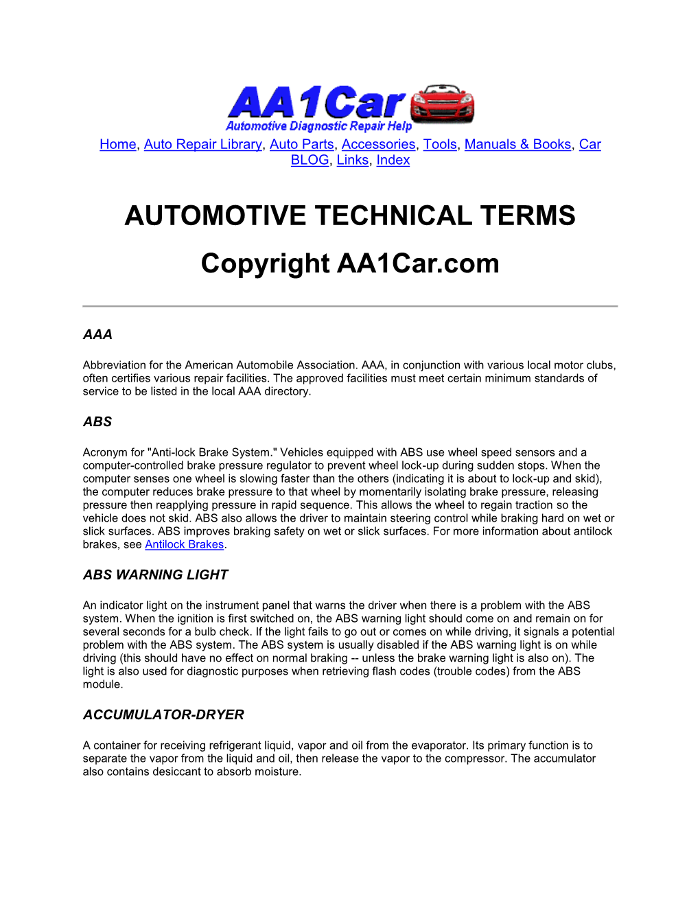 AUTOMOTIVE TECHNICAL TERMS Copyright Aa1car.Com