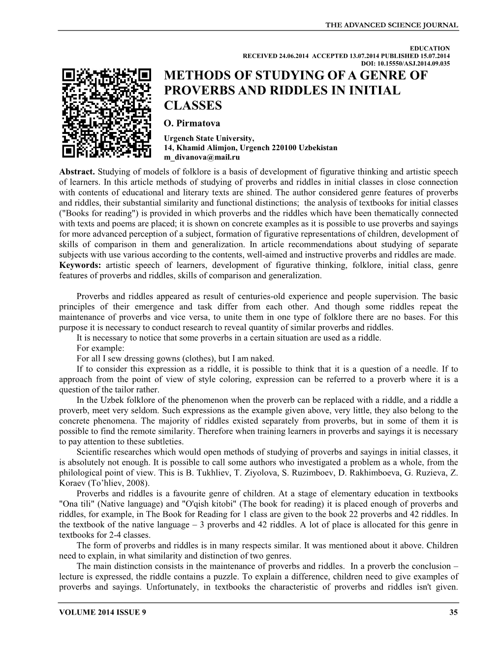 Methods of Studying of a Genre of Proverbs and Riddles in Initial Classes