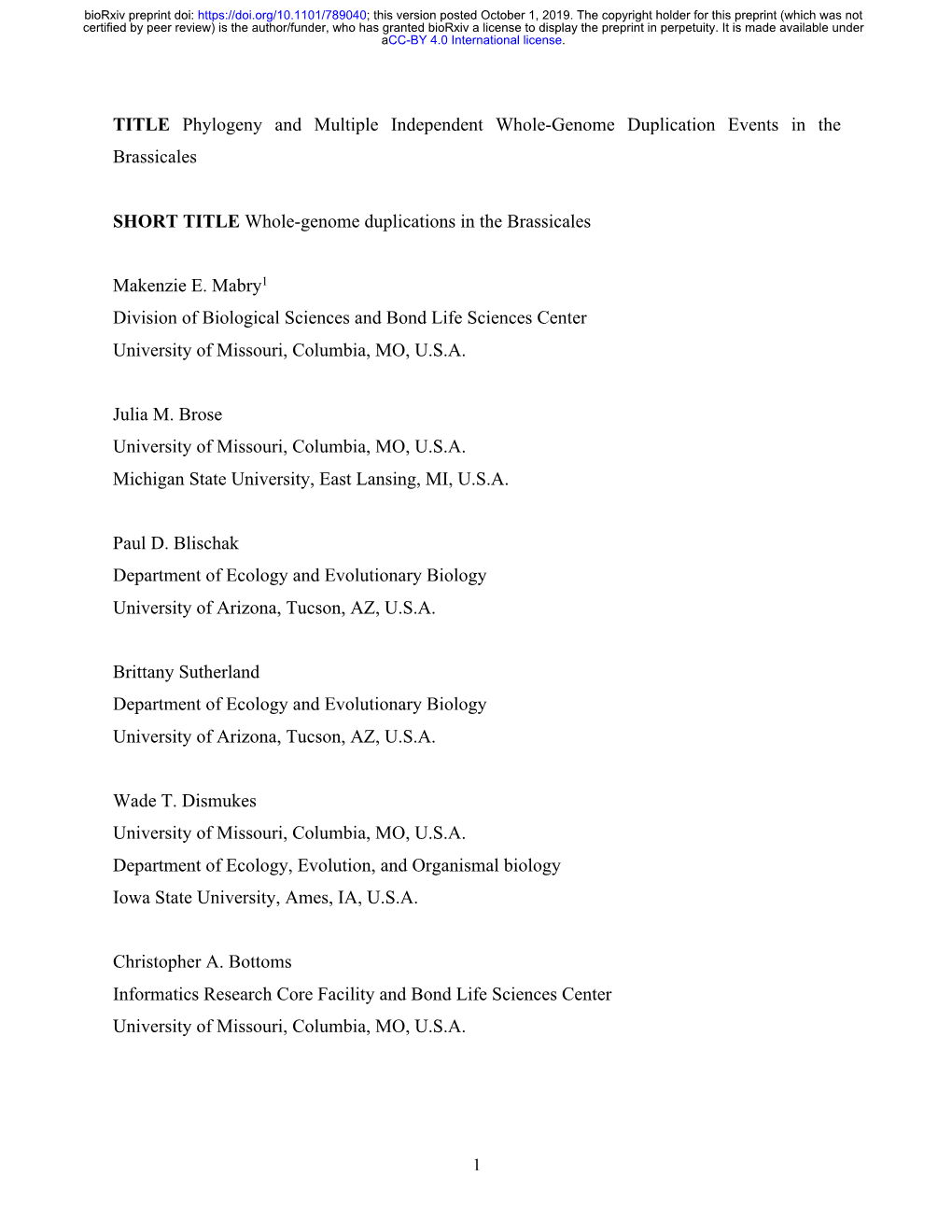 TITLE Phylogeny and Multiple Independent Whole-Genome Duplication Events in the Brassicales