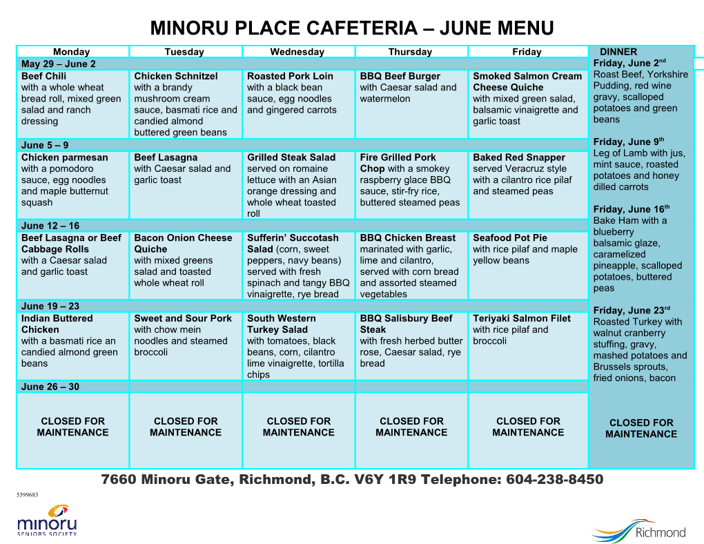 Minoru Place Cafeteria June Menu