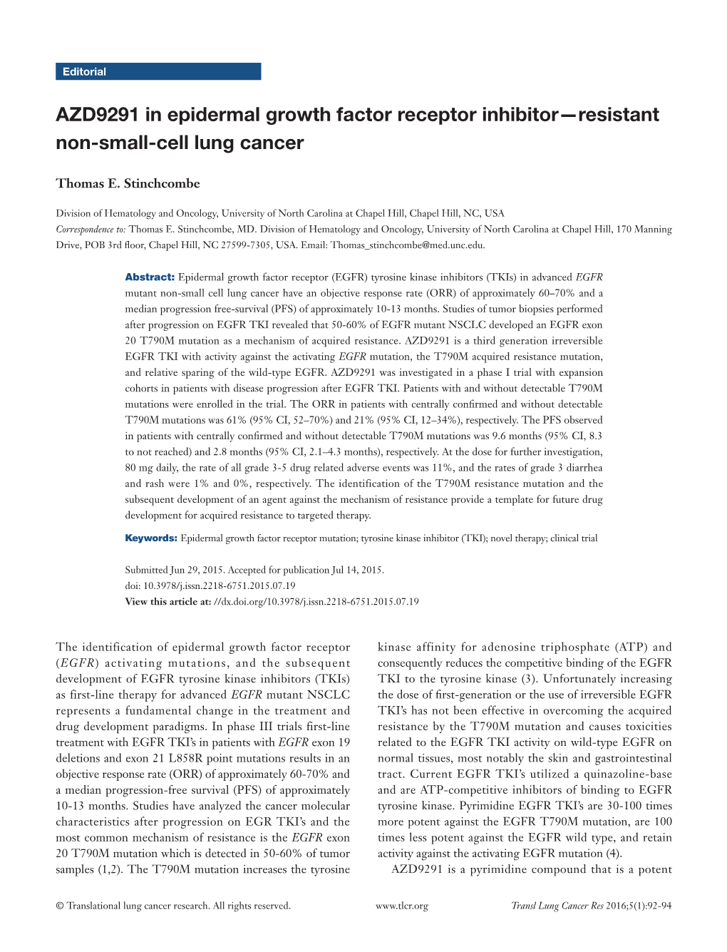 AZD9291 in Epidermal Growth Factor Receptor Inhibitor—Resistant Non-Small-Cell Lung Cancer