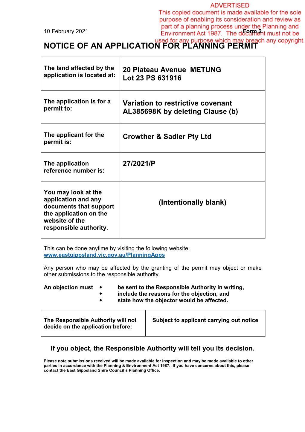 Notice of an Application for Planning Permit