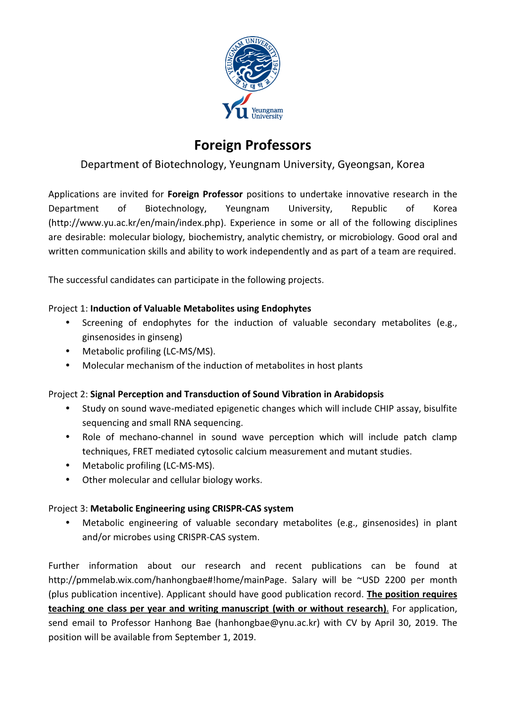 Foreign Professors Department of Biotechnology, Yeungnam University, Gyeongsan, Korea