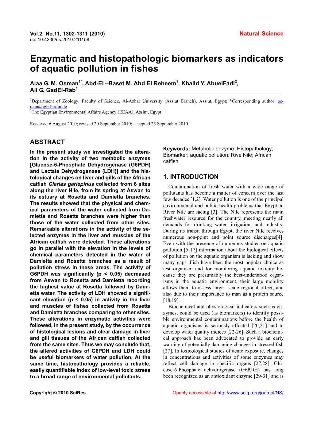 Enzymatic and Histopathologic Biomarkers As Indicators of Aquatic Pollution in Fishes