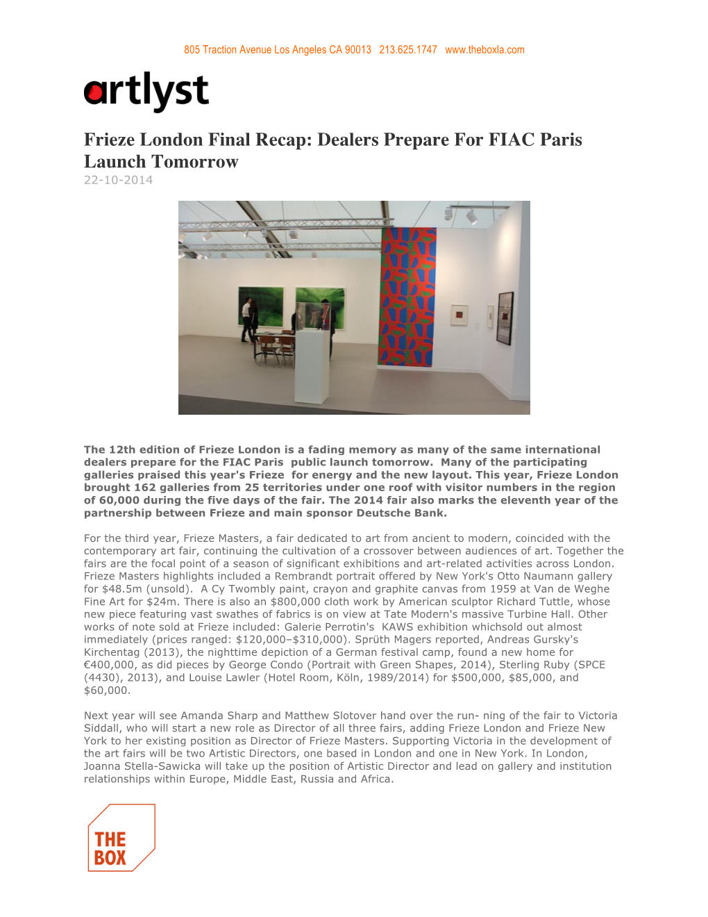 Frieze London Final Recap: Dealers Prepare for FIAC Paris Launch Tomorrow 22-10-2014