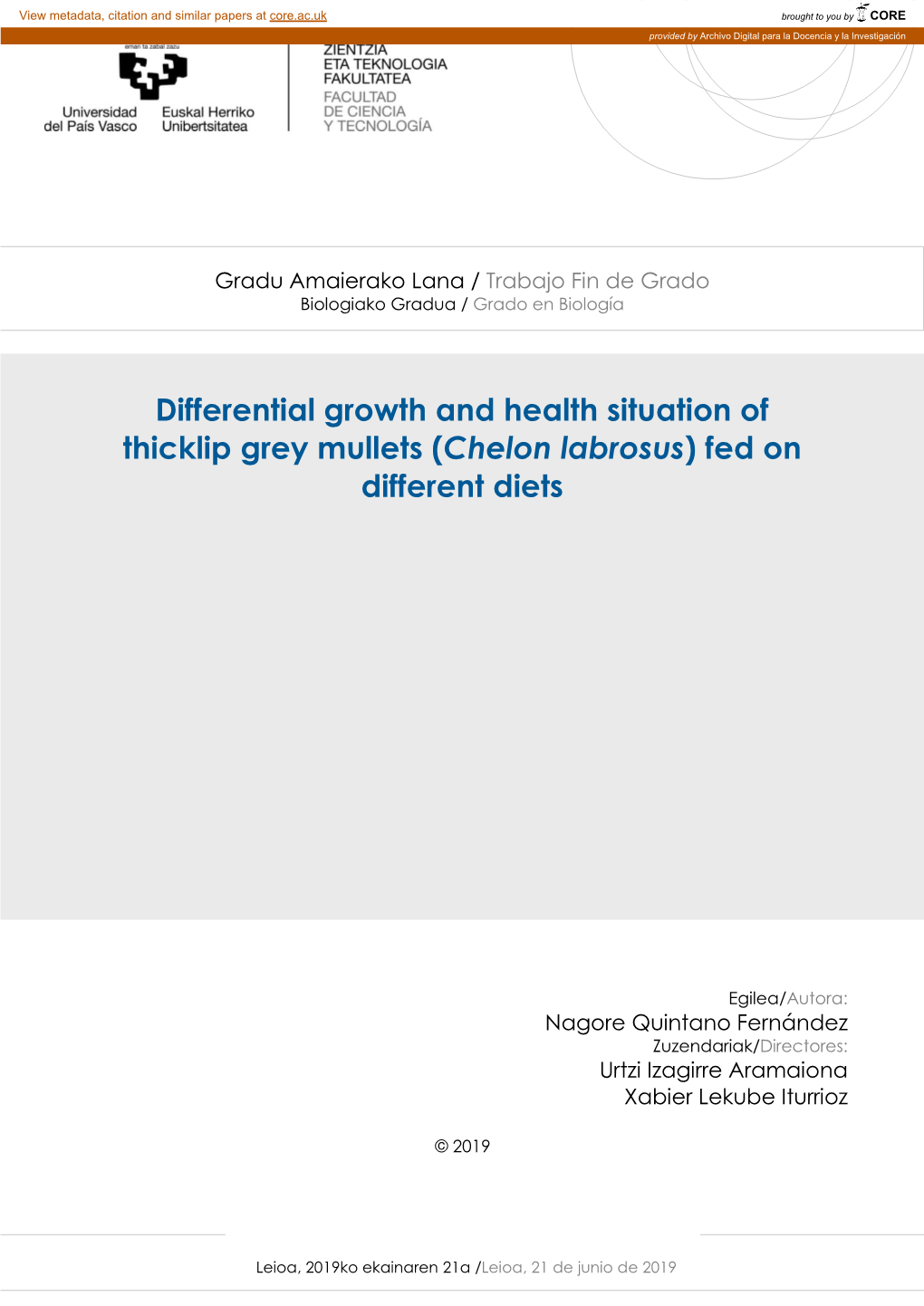 (Chelon Labrosus) Fed on Different Diets