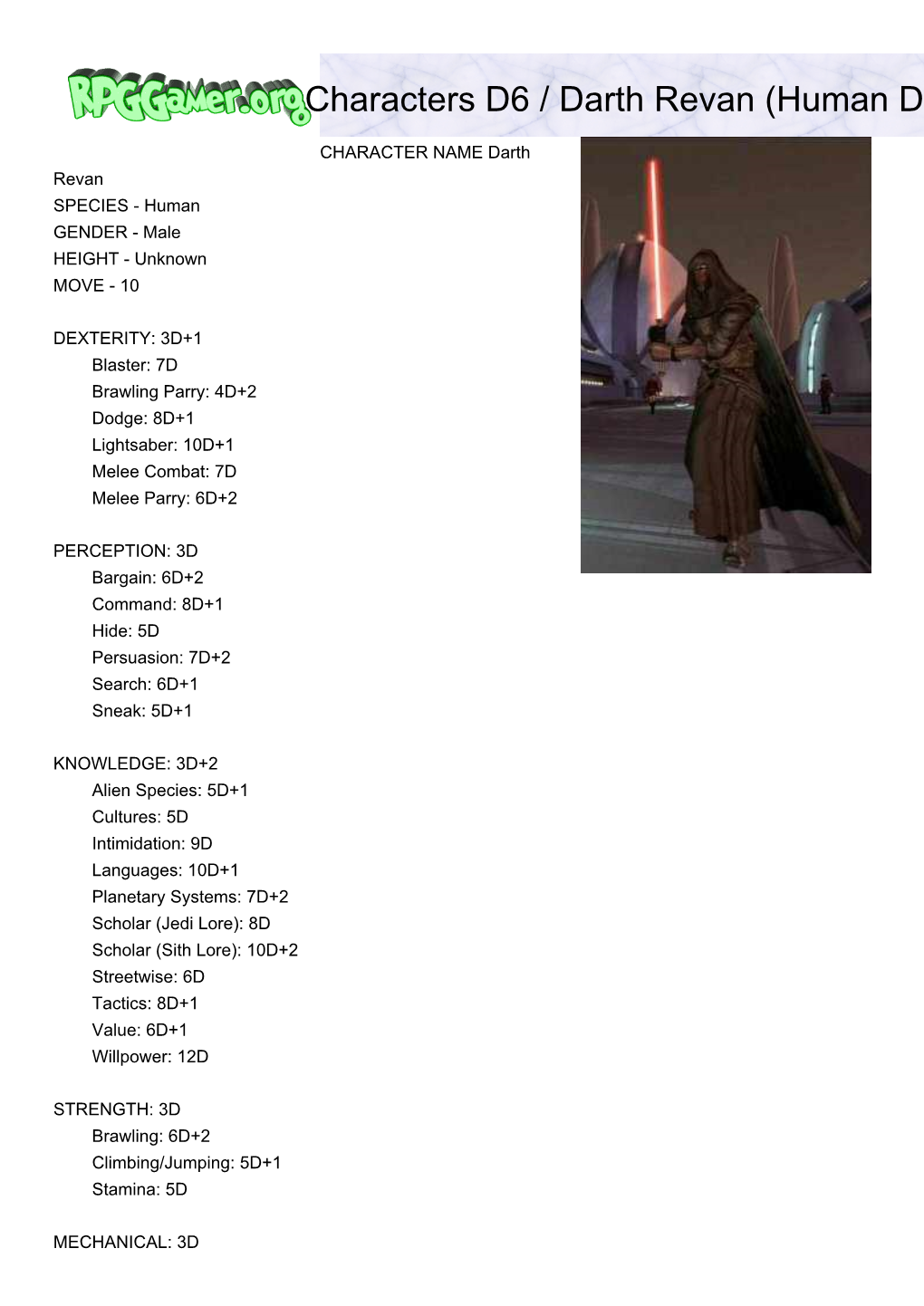 Characters D6 / Darth Revan (Human Dark Lord of the Sith)