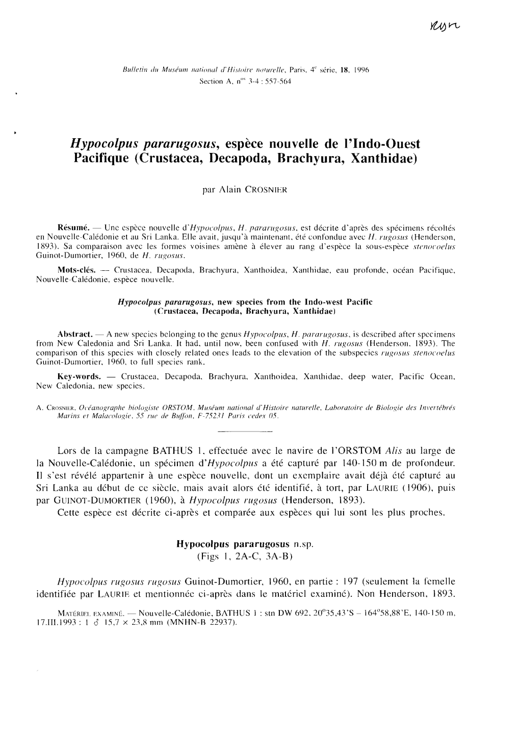 Hypocolpus Pararugosus, Espèce Nouvelle De L'indo-Ouest Pacifique (Crustacea, Decapoda, Brachyura, Xanthidae)