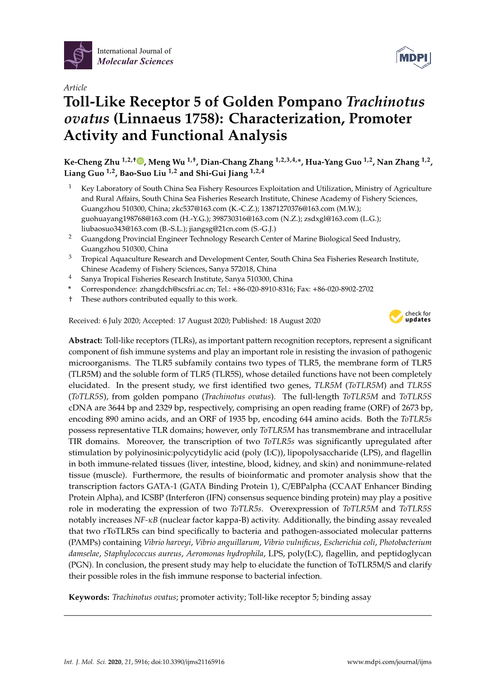 Toll-Like Receptor 5 of Golden Pompano Trachinotus Ovatus (Linnaeus 1758): Characterization, Promoter Activity and Functional Analysis