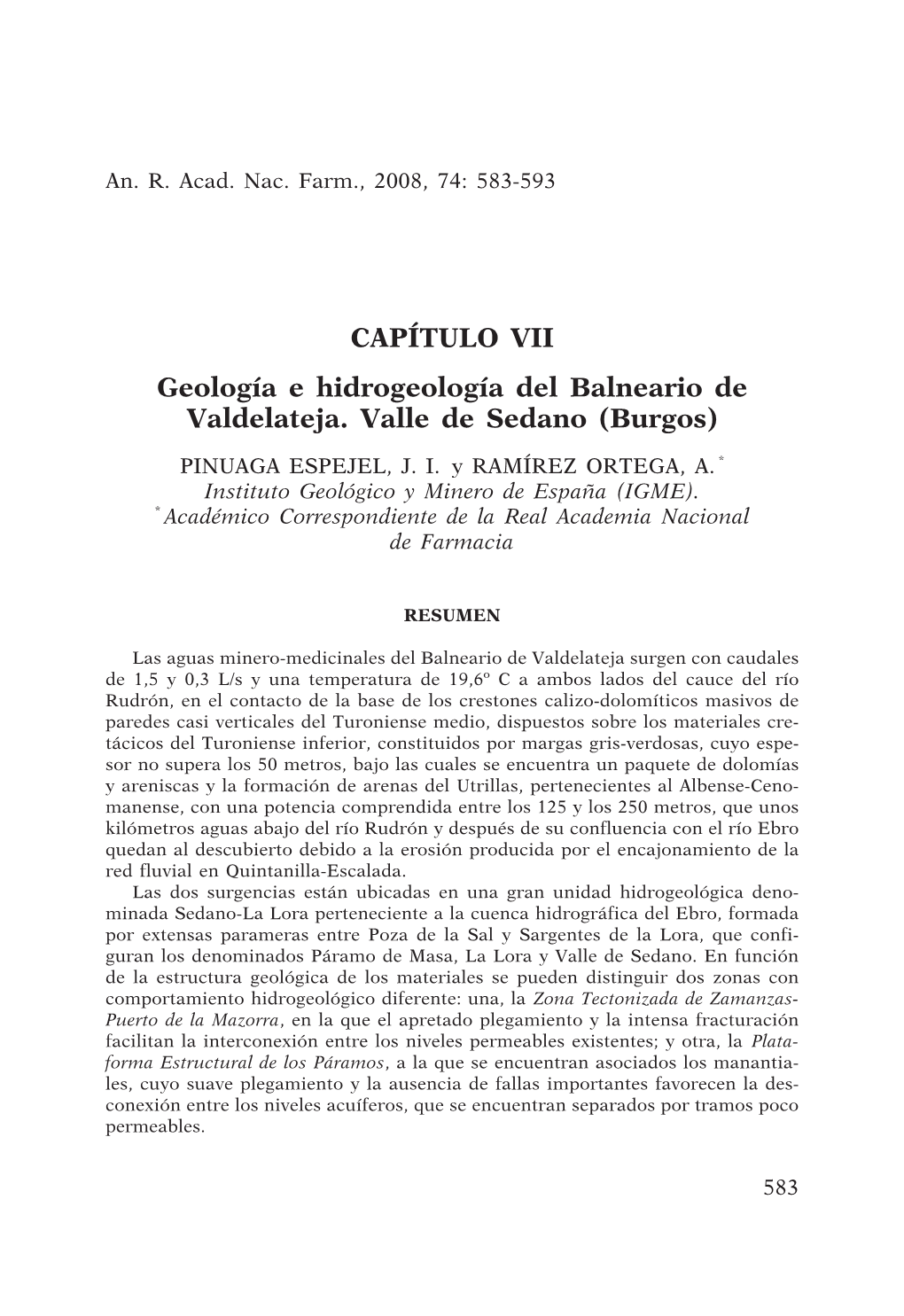 CAPÍTULO VII Geología E Hidrogeología Del Balneario De Valdelateja. Valle De Sedano (Burgos)