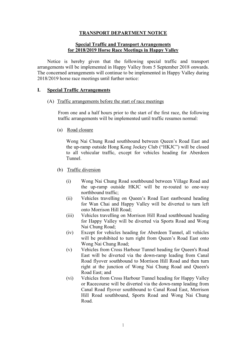 Special Traffic and Transport Arrangements for 2018/2019 Horse Race Meetings in Happy Valley