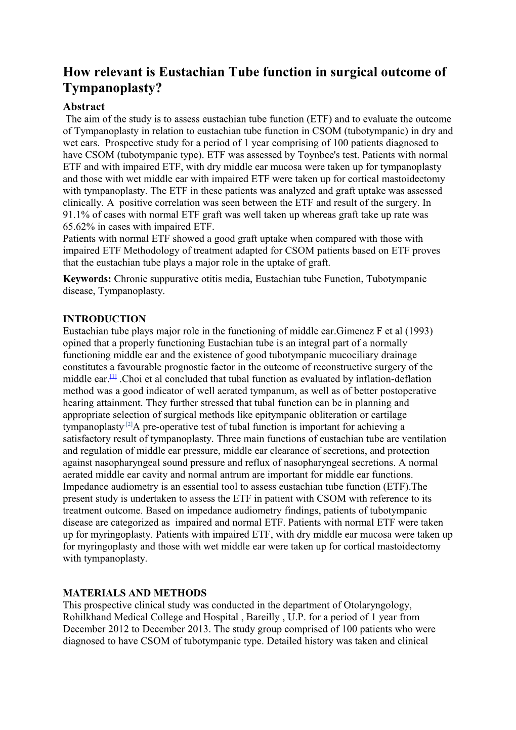 How Relevant Is Eustachian Tube Function in Surgical Outcome of Tympanoplasty?