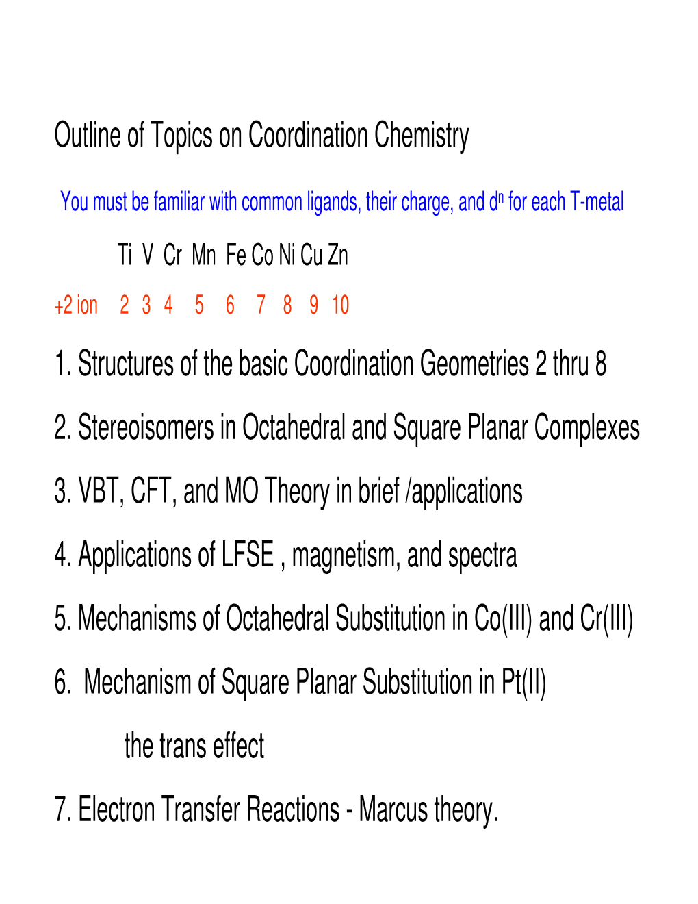 Outline of Topics on Coordination Chemistry 1. Structures of the Basic