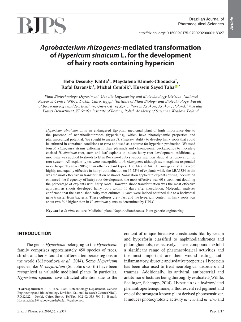 Agrobacterium Rhizogenes-Mediated Transformation of Hypericum Sinaicum L