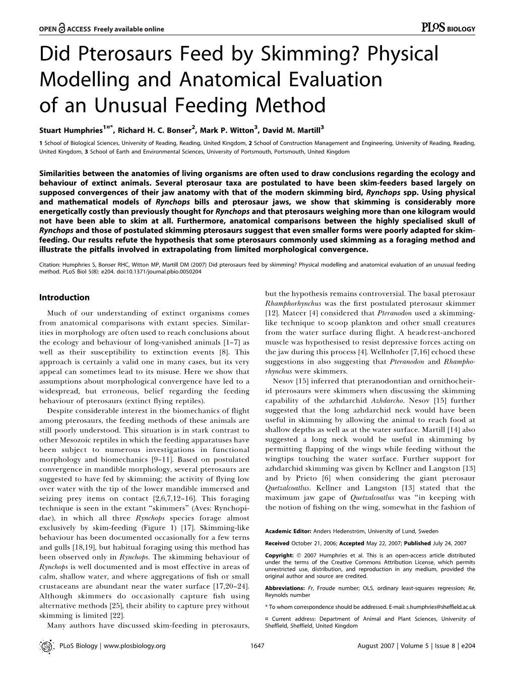 Did Pterosaurs Feed by Skimming? Physical Modelling and Anatomical Evaluation of an Unusual Feeding Method