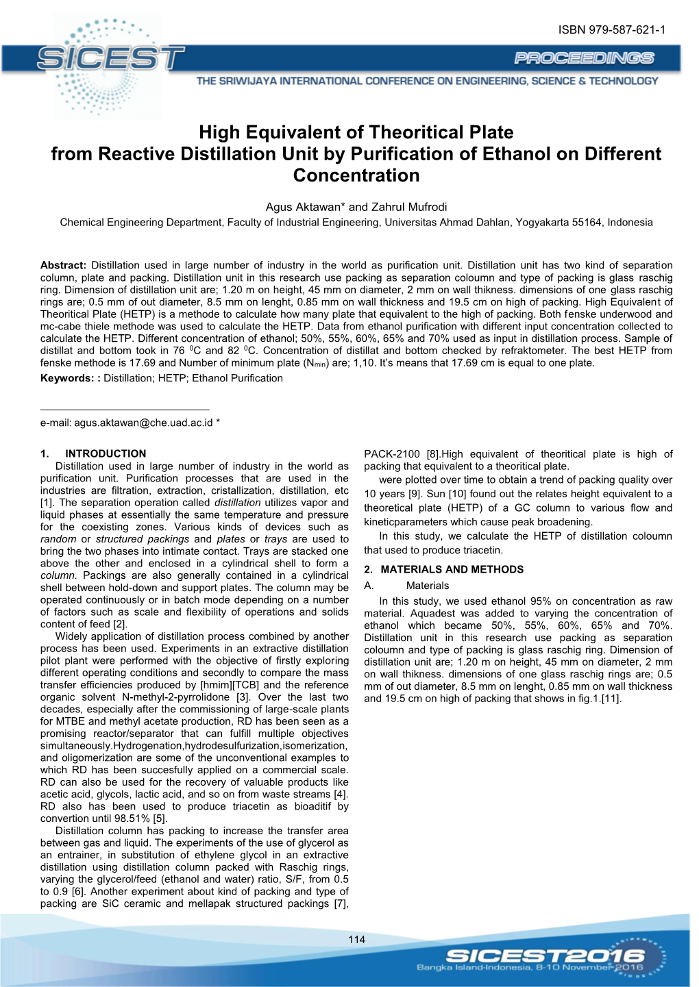 High Equivalent of Theoritical Plate from Reactive Distillation Unit by Purification of Ethanol on Different Concentration