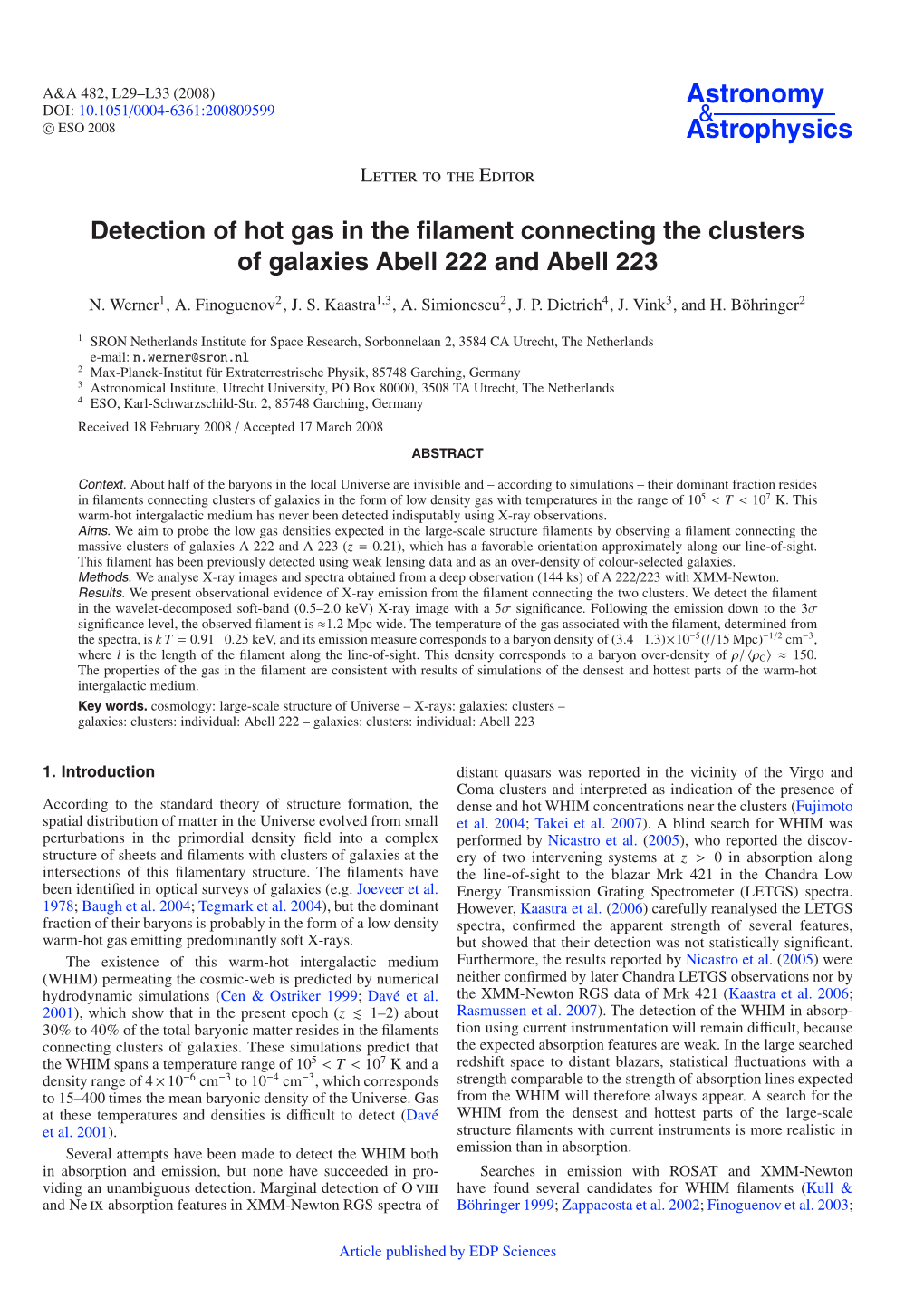 Detection of Hot Gas in the Filament Connecting the Clusters of Galaxies