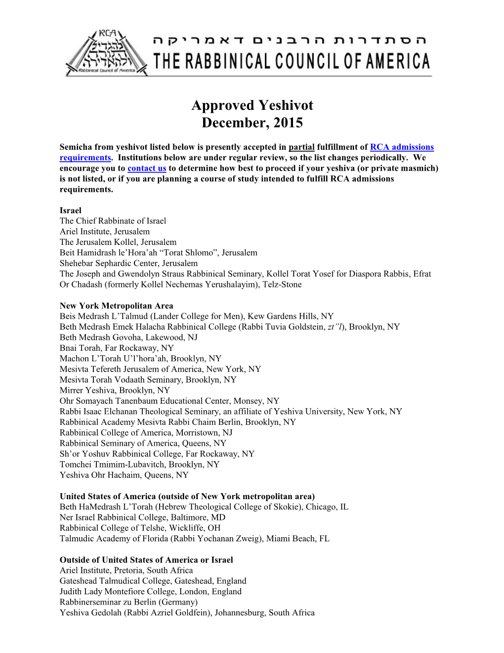 List of Approved Yeshivot