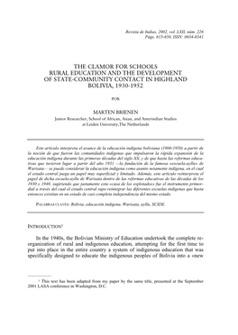 The Clamor for Schools Rural Education and the Development of State-Community Contact in Highland Bolivia, 1930-1952