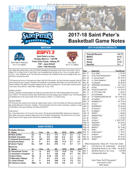 2017-18 Saint Peter's Basketball Game Notes