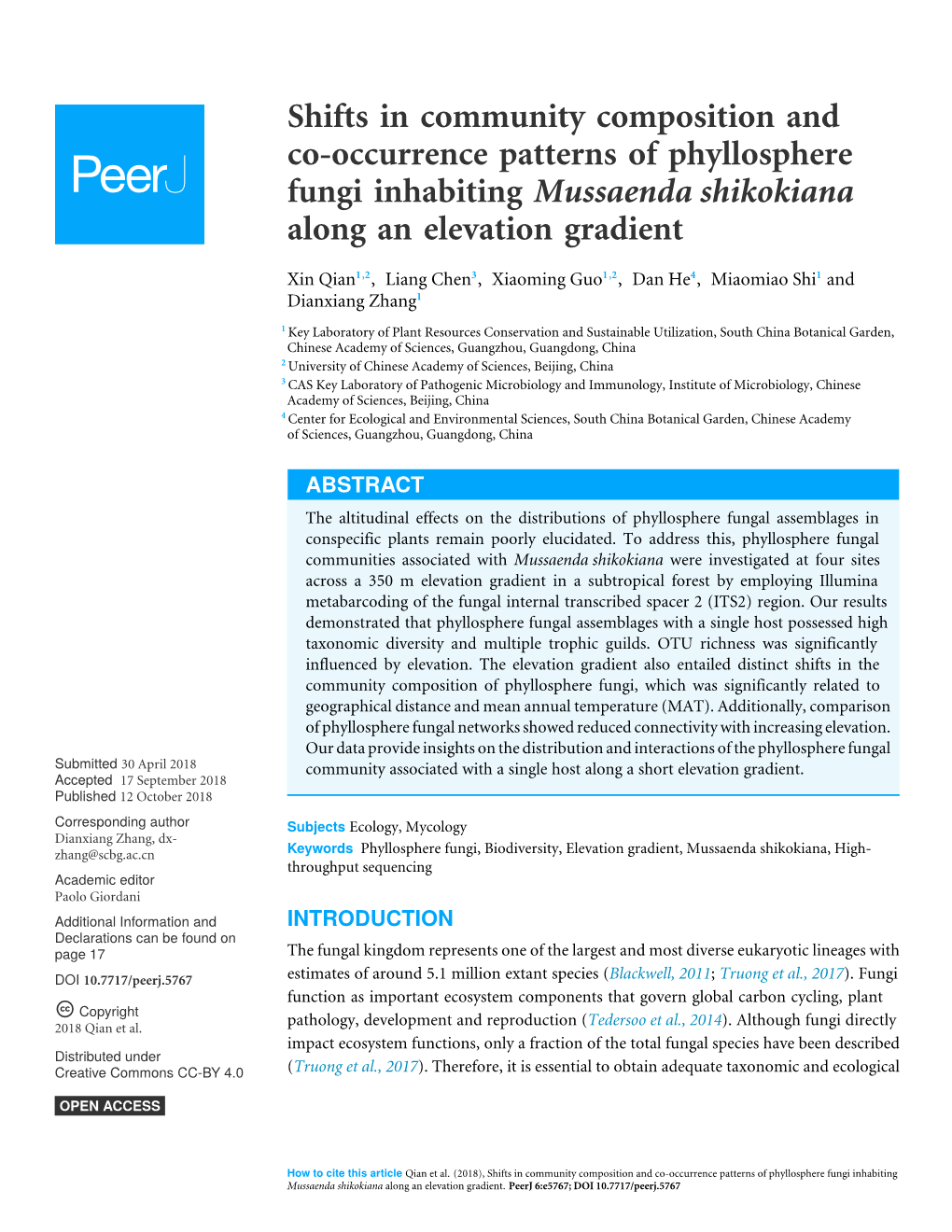 Shifts in Community Composition and Co-Occurrence Patterns of Phyllosphere Fungi Inhabiting Mussaenda Shikokiana Along an Elevation Gradient