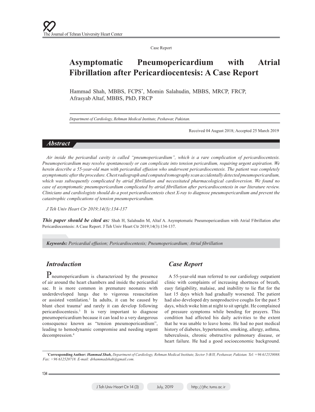 Asymptomatic Pneumopericardium with Atrial Fibrillation After Pericardiocentesis: a Case Report