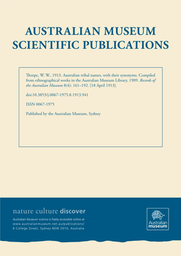 Australian Tribal Names, with Their Synonyms. Compiled from Ethnographical Works in the Australian Museum Library, 1909