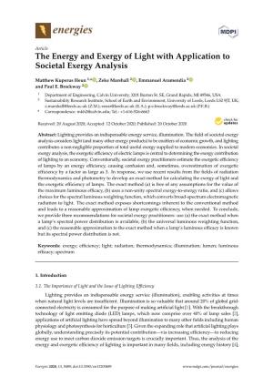 The Energy and Exergy of Light with Application to Societal Exergy Analysis