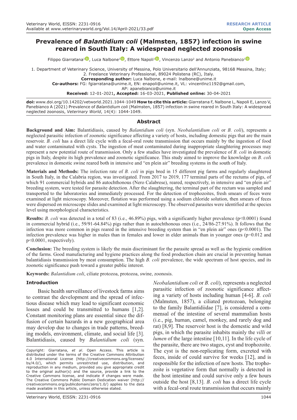 Prevalence of Balantidium Coli (Malmsten, 1857) Infection in Swine Reared in South Italy: a Widespread Neglected Zoonosis