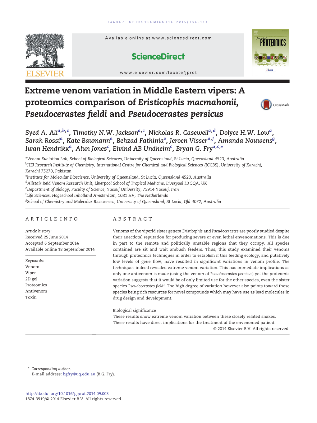 Extreme Venom Variation in Middle Eastern Vipers: a Proteomics Comparison of Eristicophis Macmahonii, Pseudocerastes ﬁeldi and Pseudocerastes Persicus