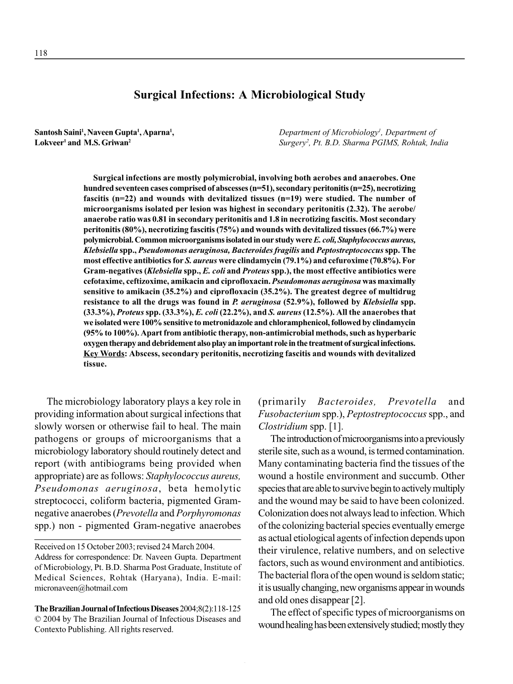 Surgical Infections: a Microbiological Study