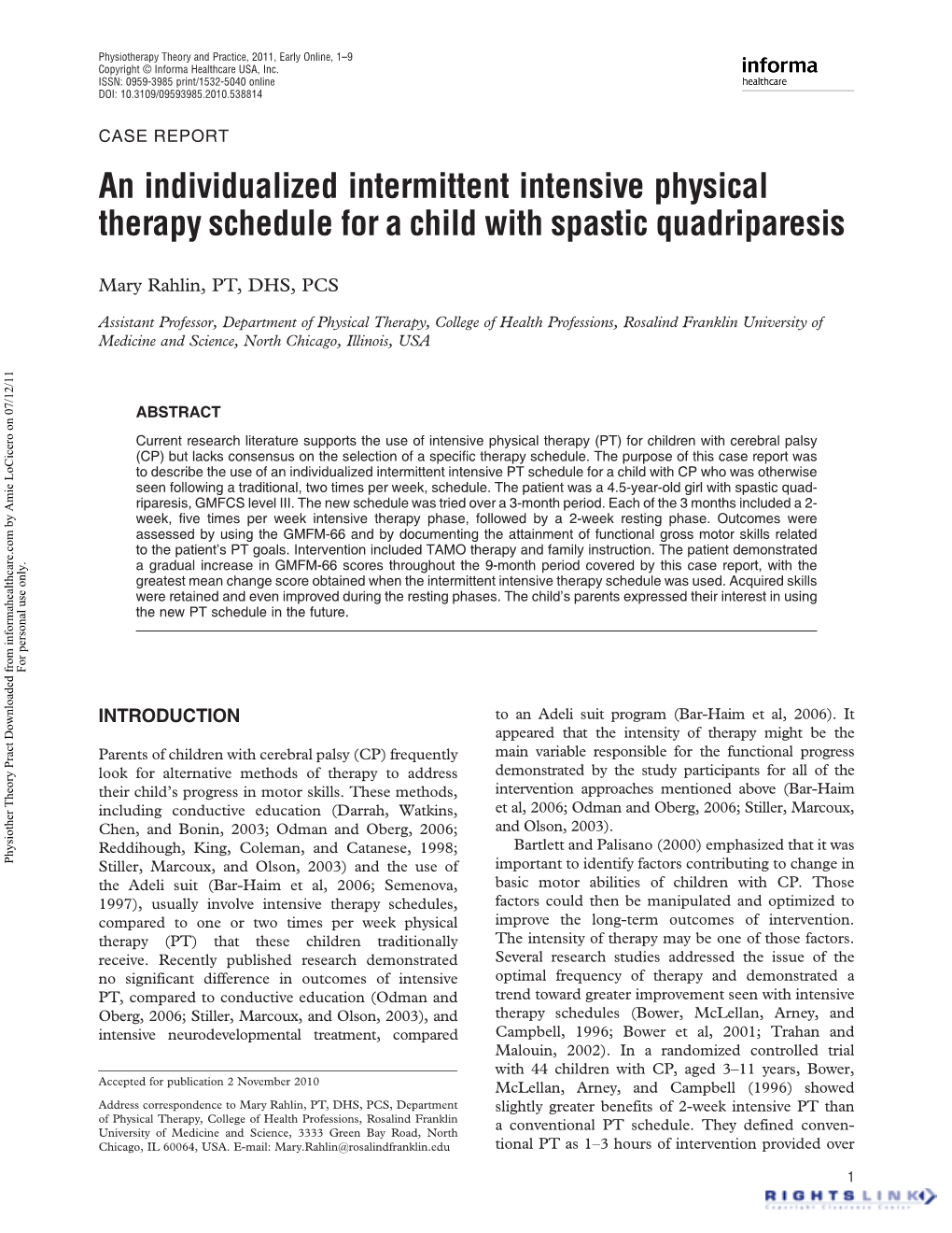 An Individualized Intermittent Intensive Physical Therapy Schedule for a Child with Spastic Quadriparesis