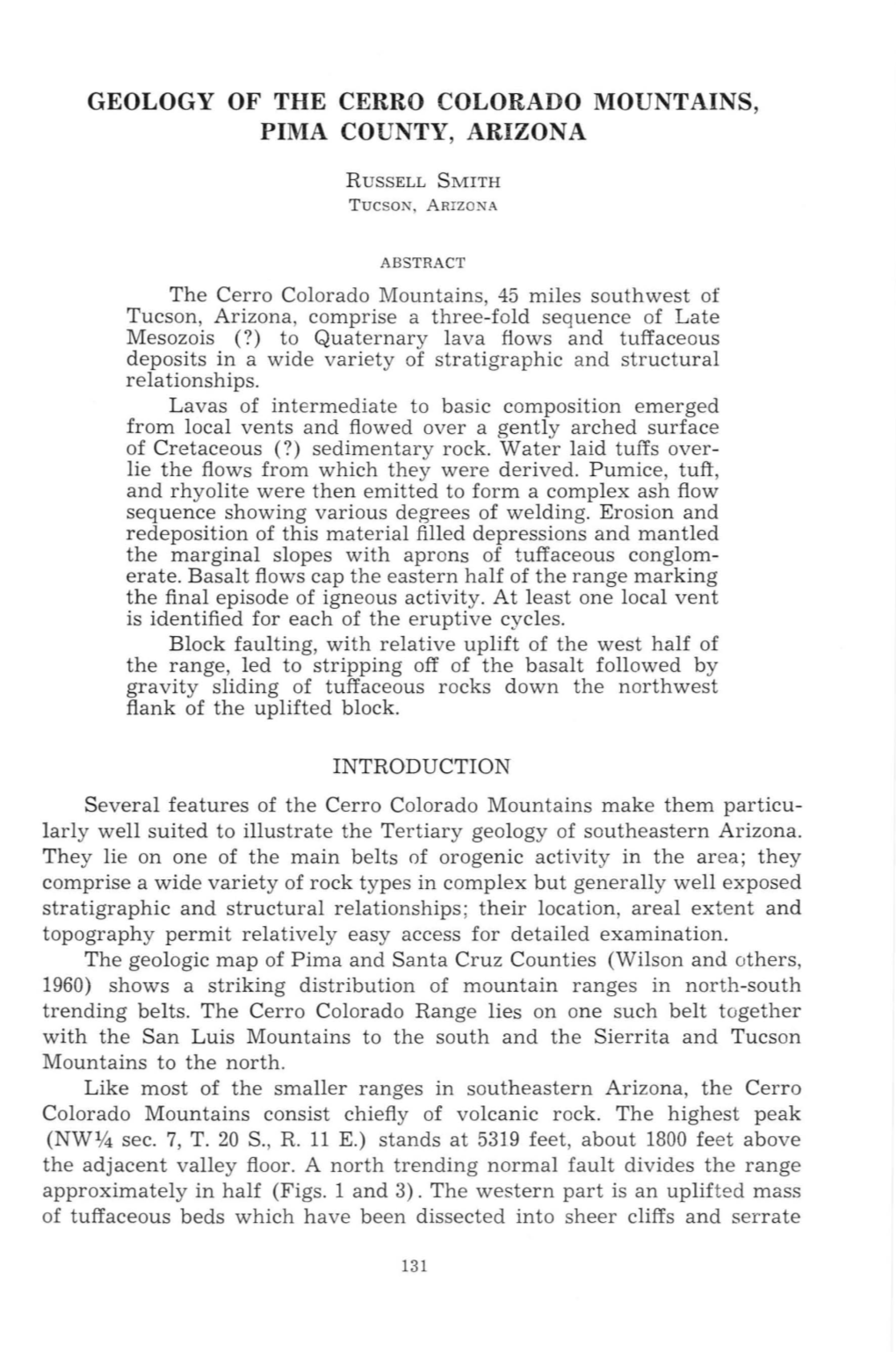 Geology of the Cerro Colorado Mountains, Pima County, Arizona