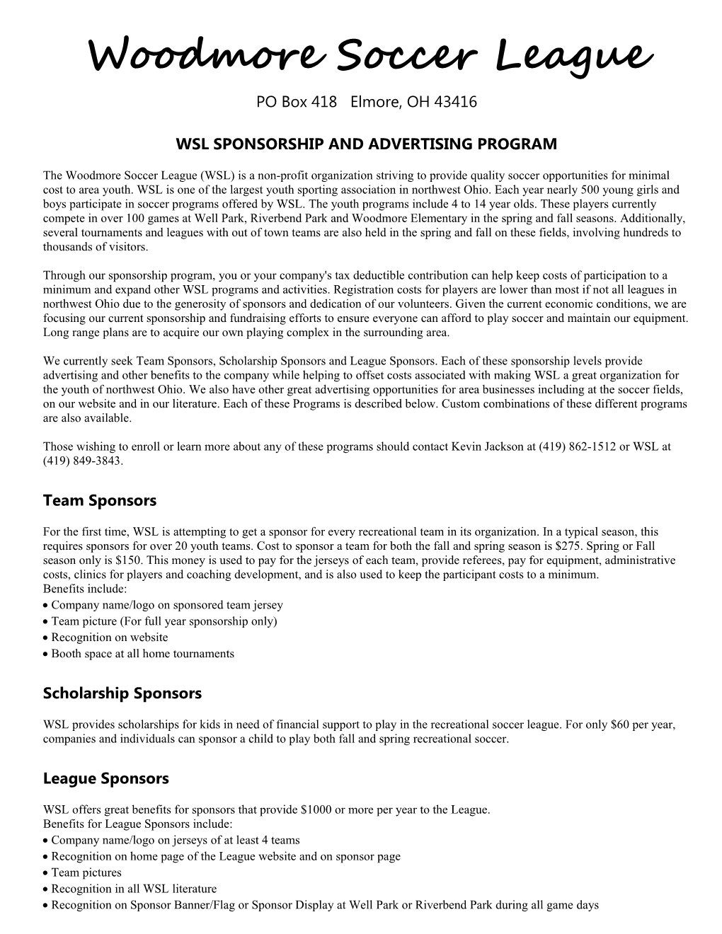 Wsl Sponsorship and Advertising Program