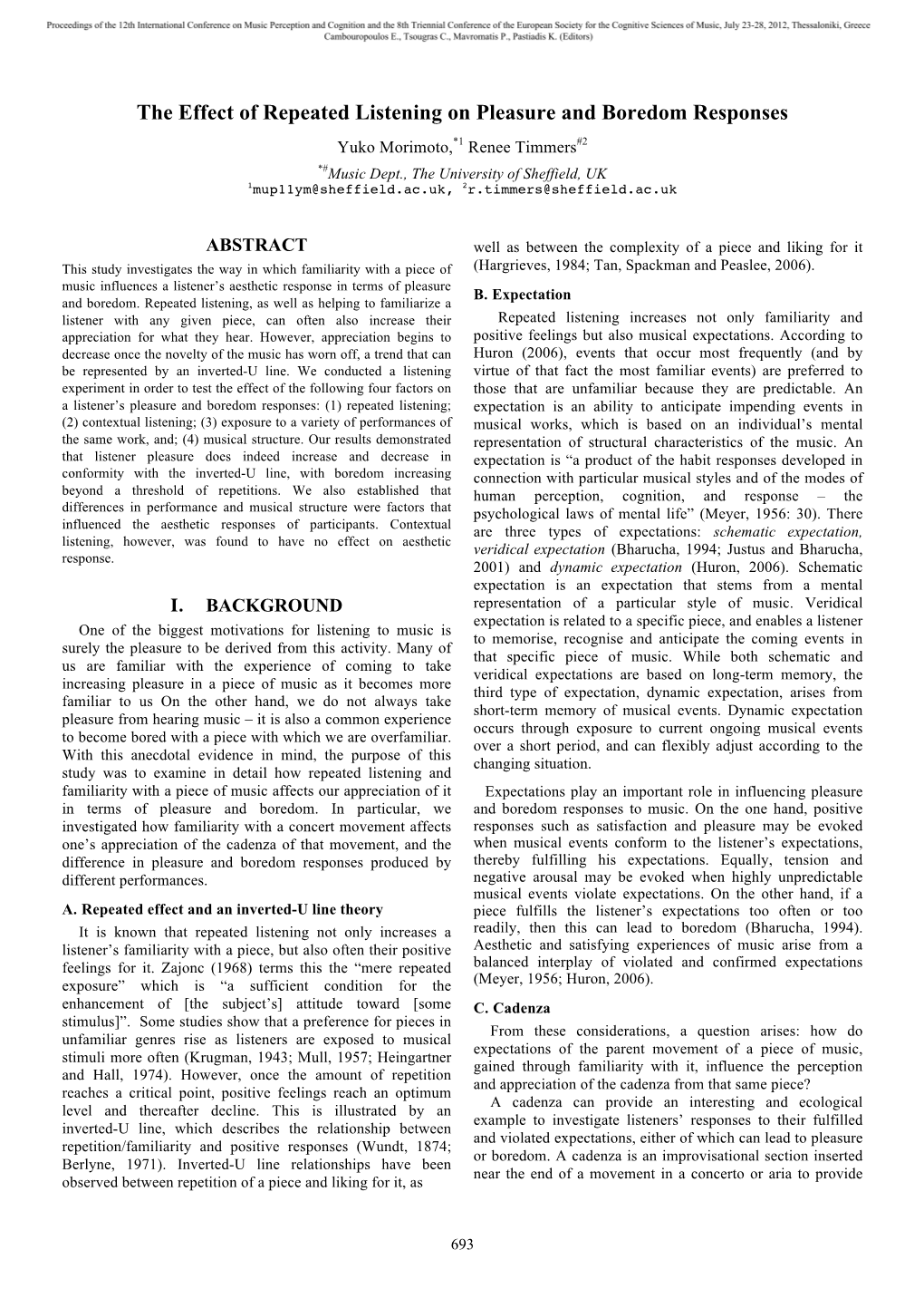 The Effect of Repeated Listening on Pleasure and Boredom Responses