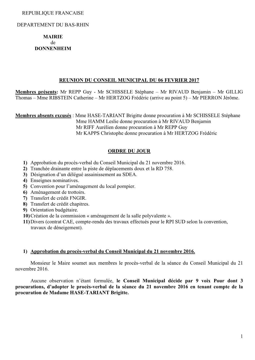 Reunion Du Conseil Municipal Du 06 Fevrier 2017