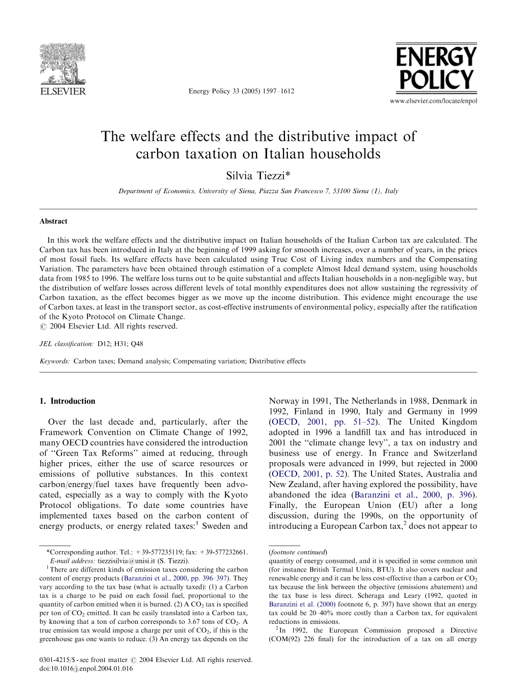 The Welfare Effects and the Distributive Impact of Carbon Taxation on Italian