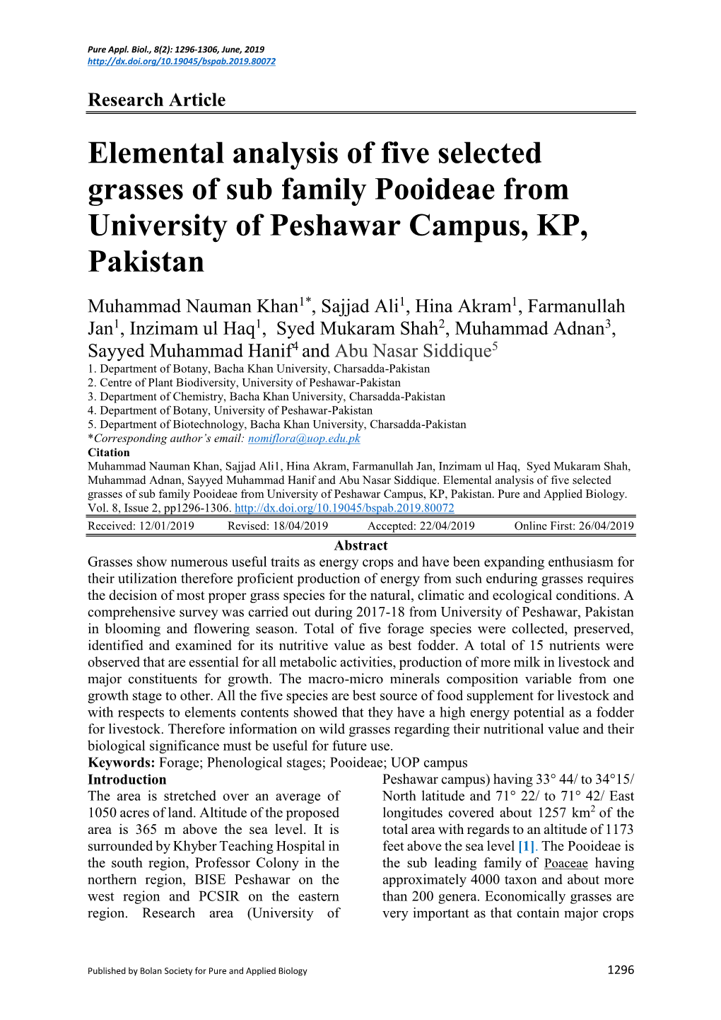 Elemental Analysis of Five Selected Grasses of Sub Family Pooideae from University of Peshawar Campus, KP, Pakistan