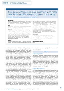 Psychiatric Disorders in Male Prisoners Who Made Near-Lethal Suicide Attempts: Case–Control Study Adrienne Rivlin, Keith Hawton, Lisa Marzano and Seena Fazel