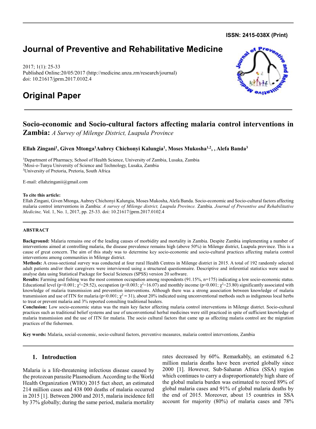 Socio-Economic and Socio-Cultural Factors Affecting Malaria Control Interventions in Zambia: a Survey of Milenge District, Luapula Province