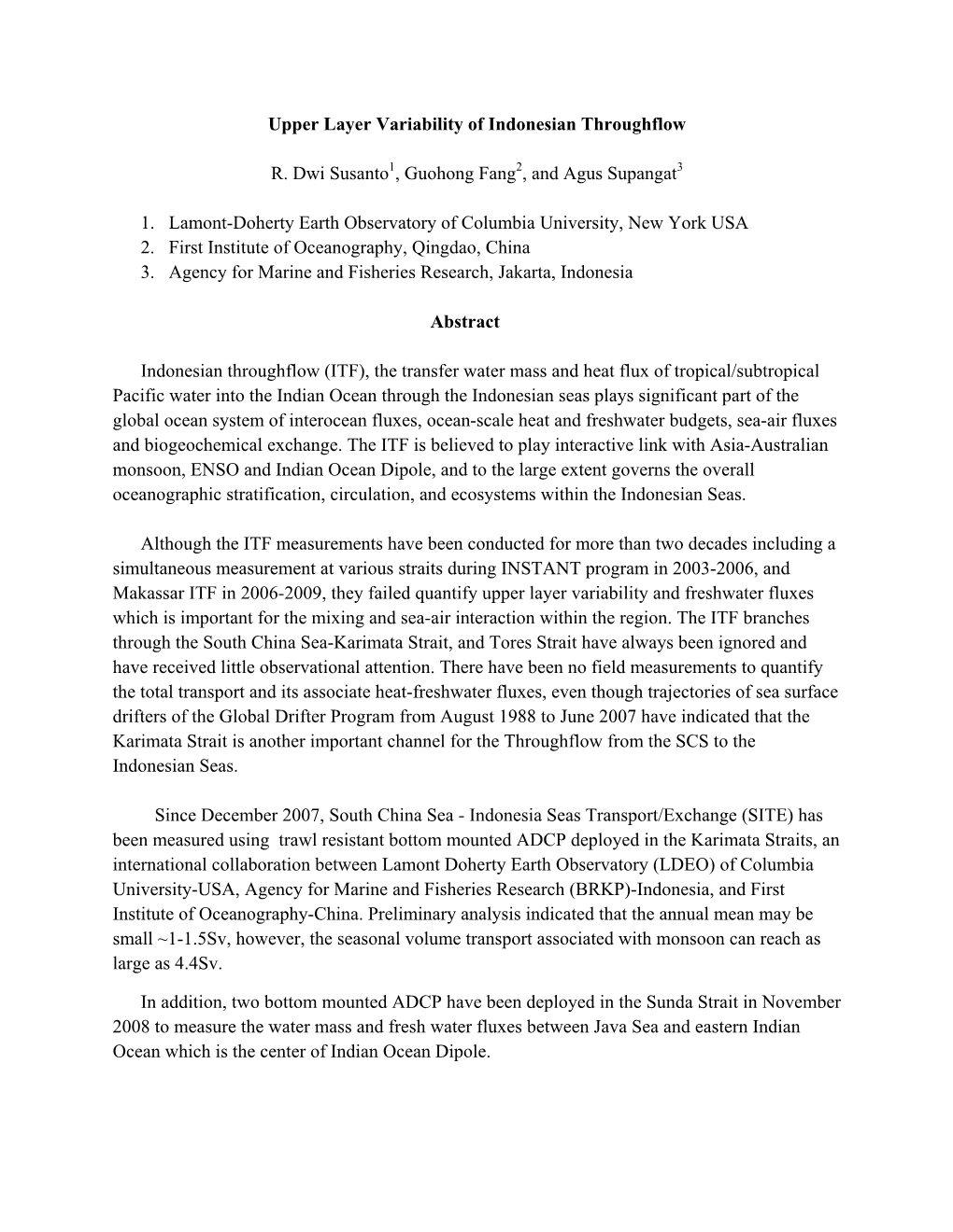 Upper Layer Variability of Indonesian Throughflow R. Dwi Susanto