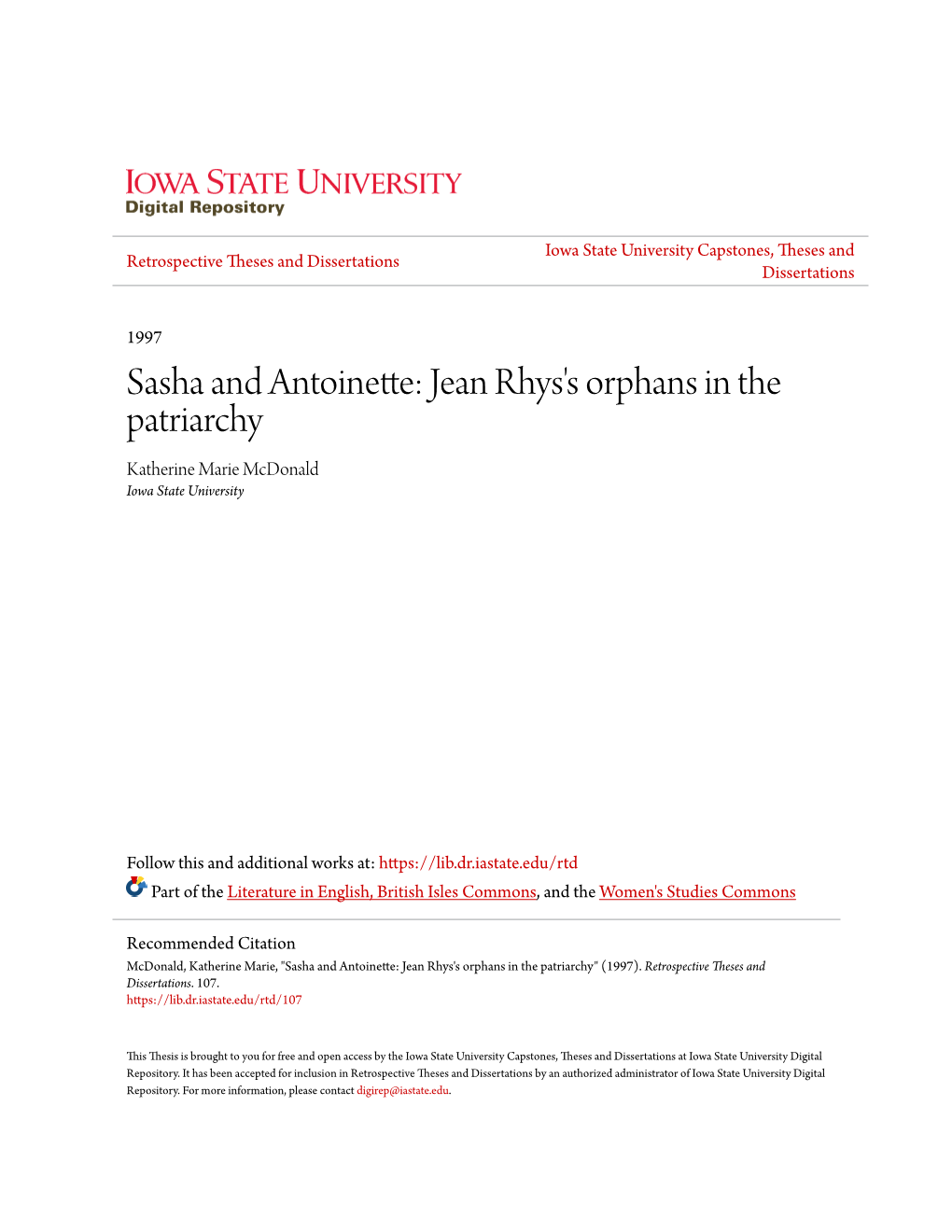 Sasha and Antoinette: Jean Rhys's Orphans in the Patriarchy Katherine Marie Mcdonald Iowa State University